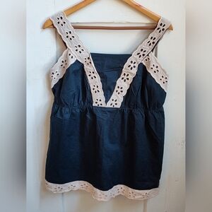 Venezia Women's Navy and Cream Eyelet Babydoll Top with Straps | Size 20